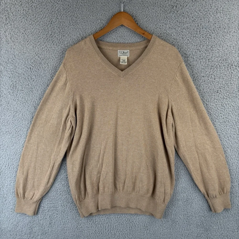 LL Bean Sweater Mens Large Tan Cotton Cashmere Blend V‎ Neck Preppy Classic